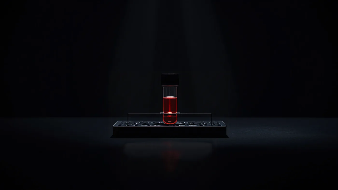 A single vial of dark red serum on a black laboratory rack, lit by one orange beam of light