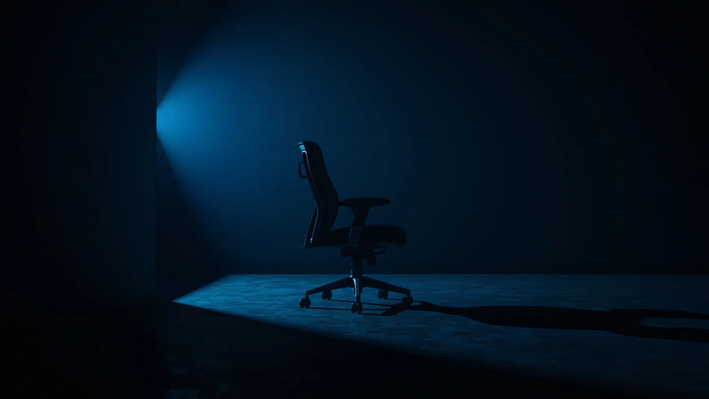 An empty office chair alone in a dark room, lit by a single shaft of cold blue light