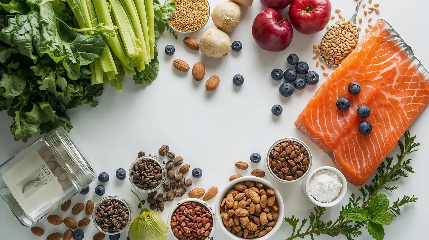 Leafy greens, nuts, seeds and berries arranged on a work surface