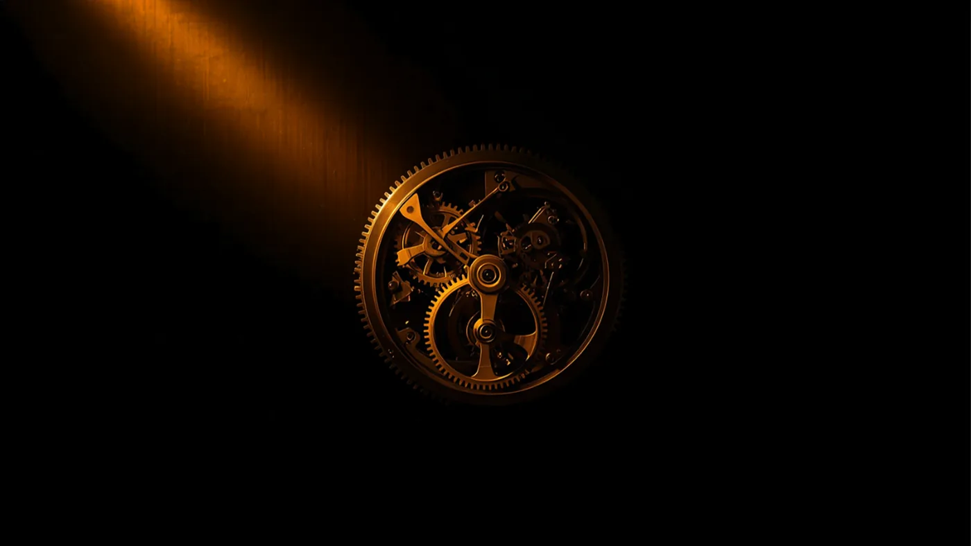 A dark industrial clock mechanism cut by a single orange beam of light