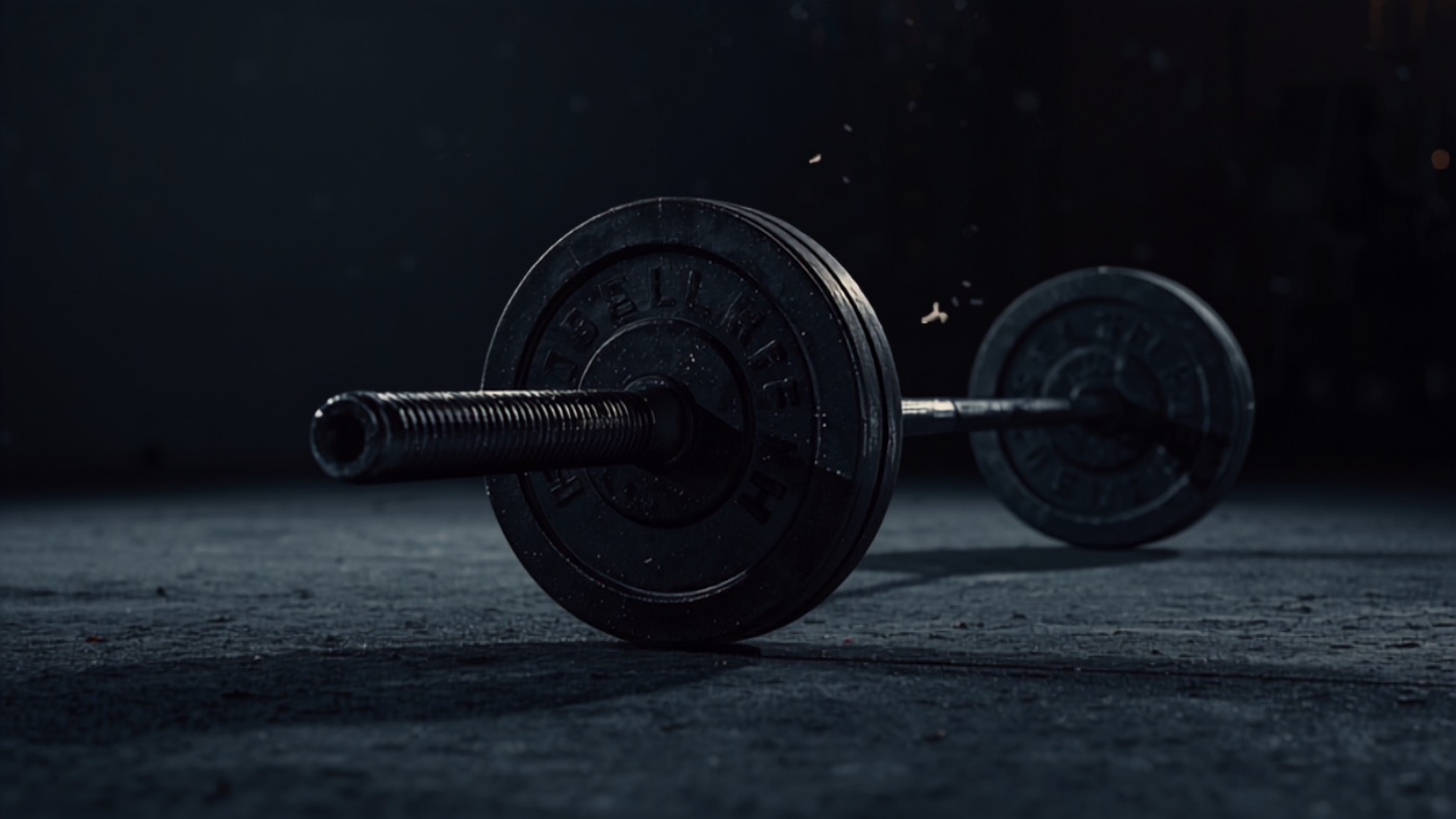 A loaded barbell resting in a dim industrial gym
