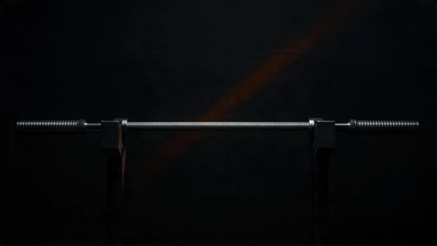 A single steel barbell on a dark rack struck by one raking orange beam of light