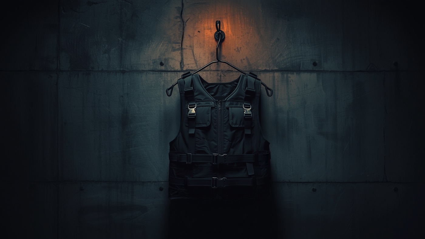 A weighted training vest hanging on a steel hook against a dark concrete wall